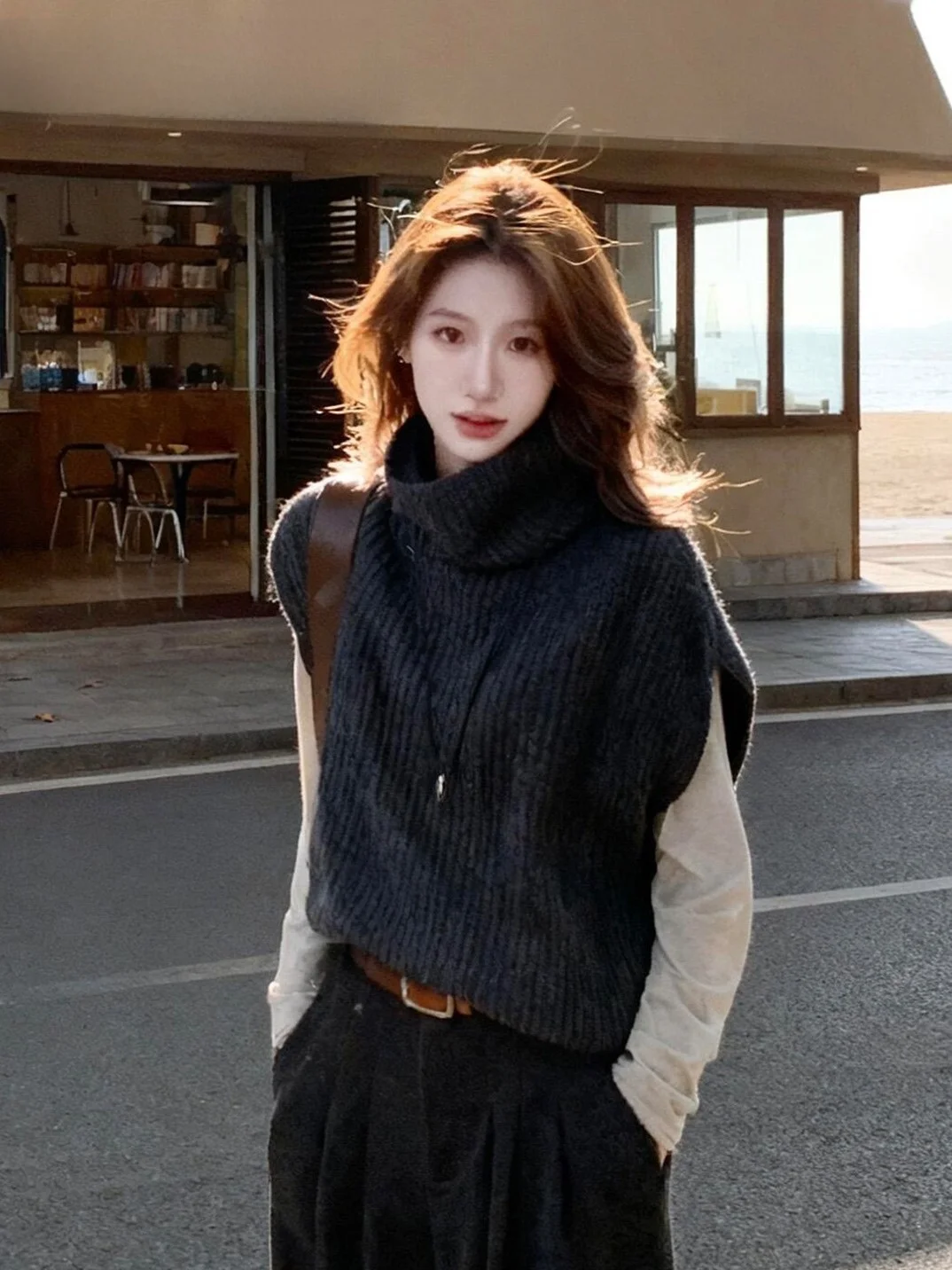 

Deep Grey High Collar Knitted Vest Women's Spring Autumn Layering High End Feeling Outerwear Super Beautiful Unique Padded ...