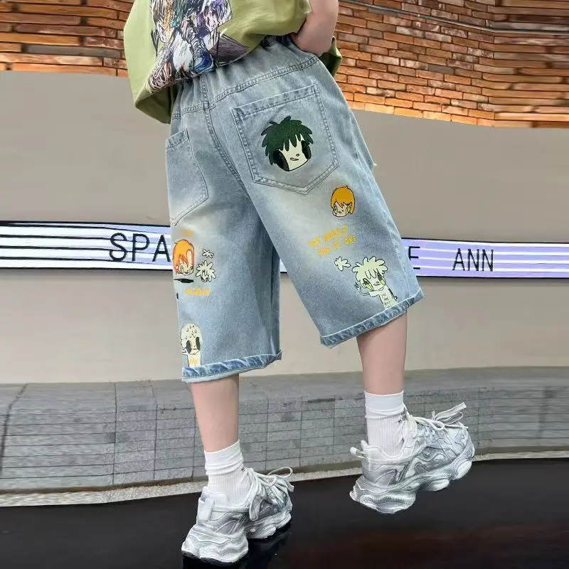 Kids Boys Graffiti Drawing Denim Shorts Elegant Children Casual Ripped Short Jeans Capris Pants 5 6 7 8 9 10 11 12 13 14 Year