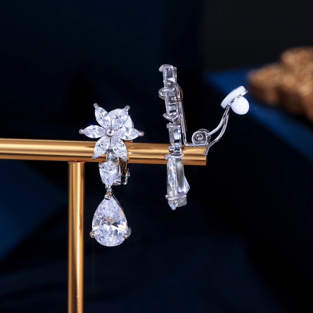 CWWZircons Sparkly Floral Pear Cut Zircon Clip Earrings No Piercing Long Drop Statement Earrings For Evening Party EJ0039