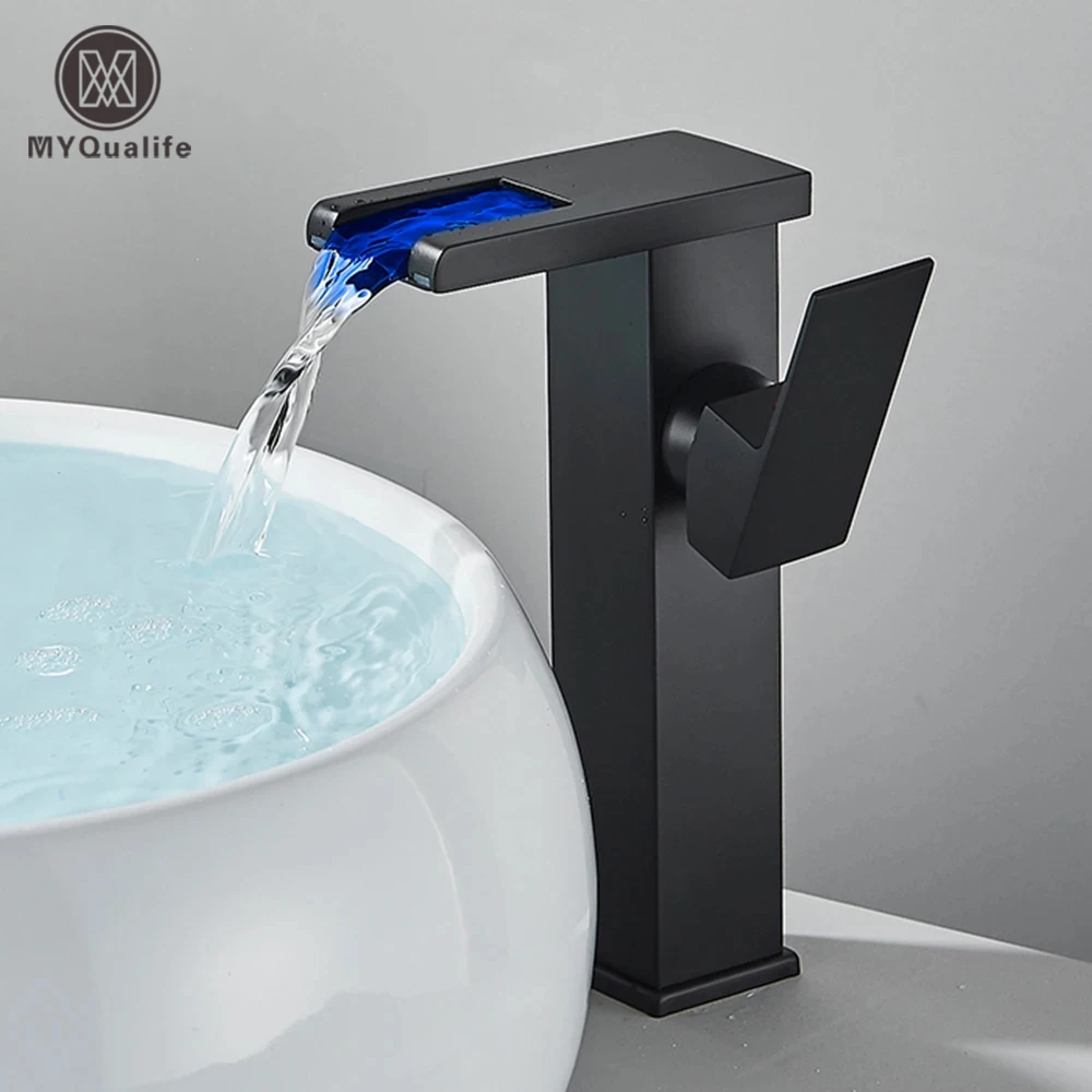 Black Tall LED Waterfall Basin Bathroom Faucet Deck Mounted Hot Cold Water Mixer Taps Three Color Change By Water Flow