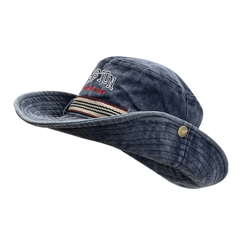 Outdoor UV Protection Washed Denim Bucket Hat Boston Embroidery Wide Brim Sun Hat with Adjustable Chin Strap for Hiking Camping