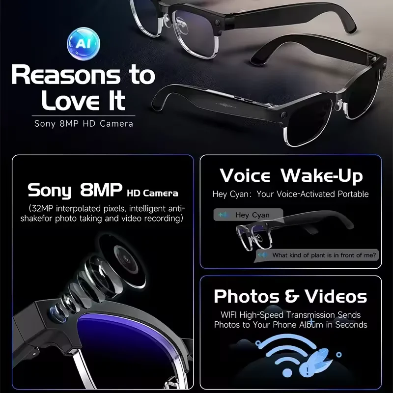 New HOT Business Smart Glasses Men 800W 4K HD Camera 1080P Shooting 150+Translation AI Chat Call Waterproof Windproof Sunglasses