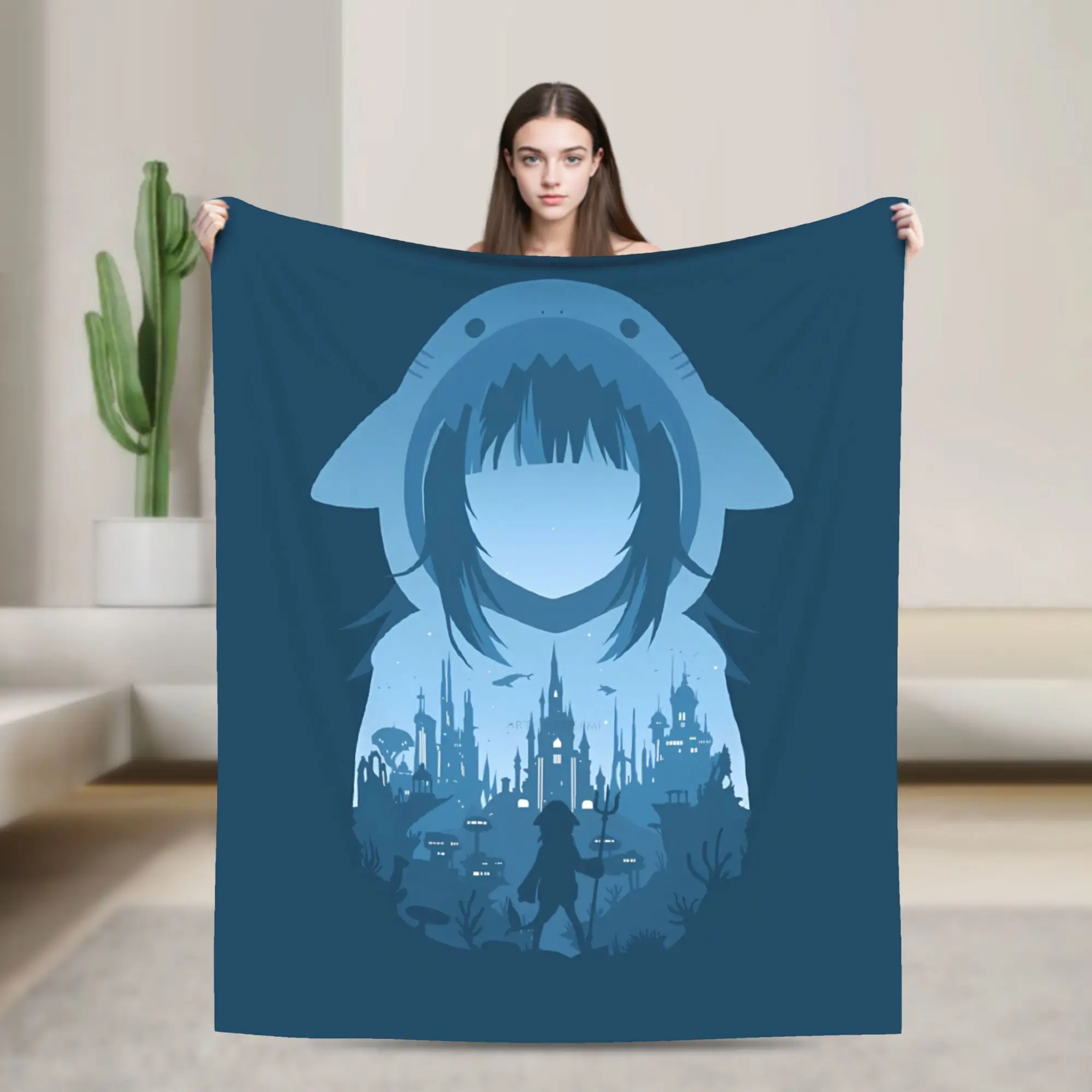 Gawr Gura Silhouette Stand Plush Blanket Boy Girl  Flannel Throw Blanket For Living Room Super Warm Quality Bedspread Gift Idea
