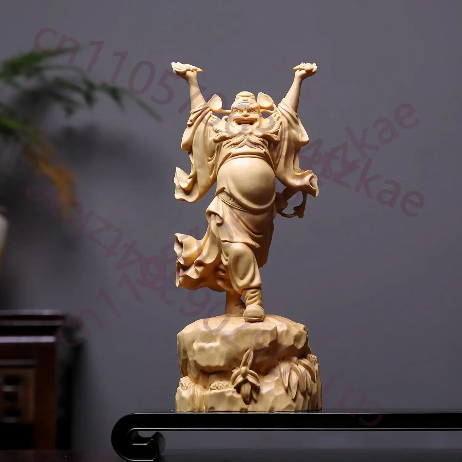 Cypress Wood Hand Carved Zhong Kui Statue Demon Queller Protector Figurine Ornament Fortune Blessing Home Office Decor Gift