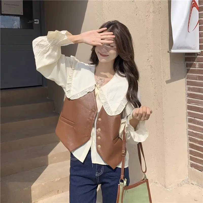 

Women Clothing Vintage Buttons Solid Color Cardigan Coat Autumn 2023 New Simplicity Irregular V-neck Loose Tank Top Pu Vests