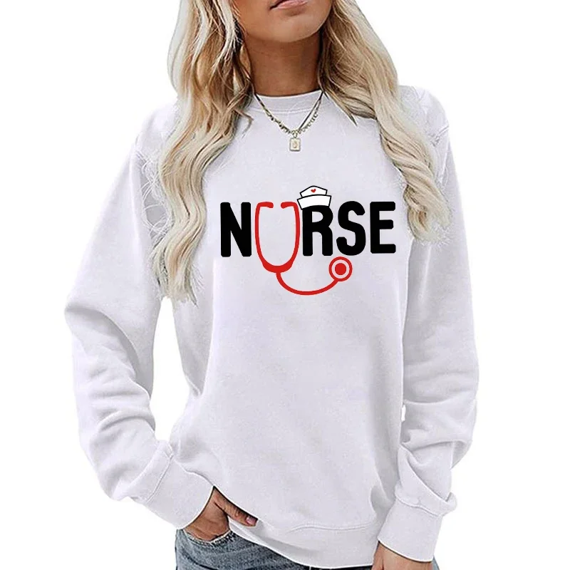 New Women Fashion Nurse Stethoscope Print Sweater For Women Plus Size Funny Long Sleeve Graphic Loose Sweatshirt