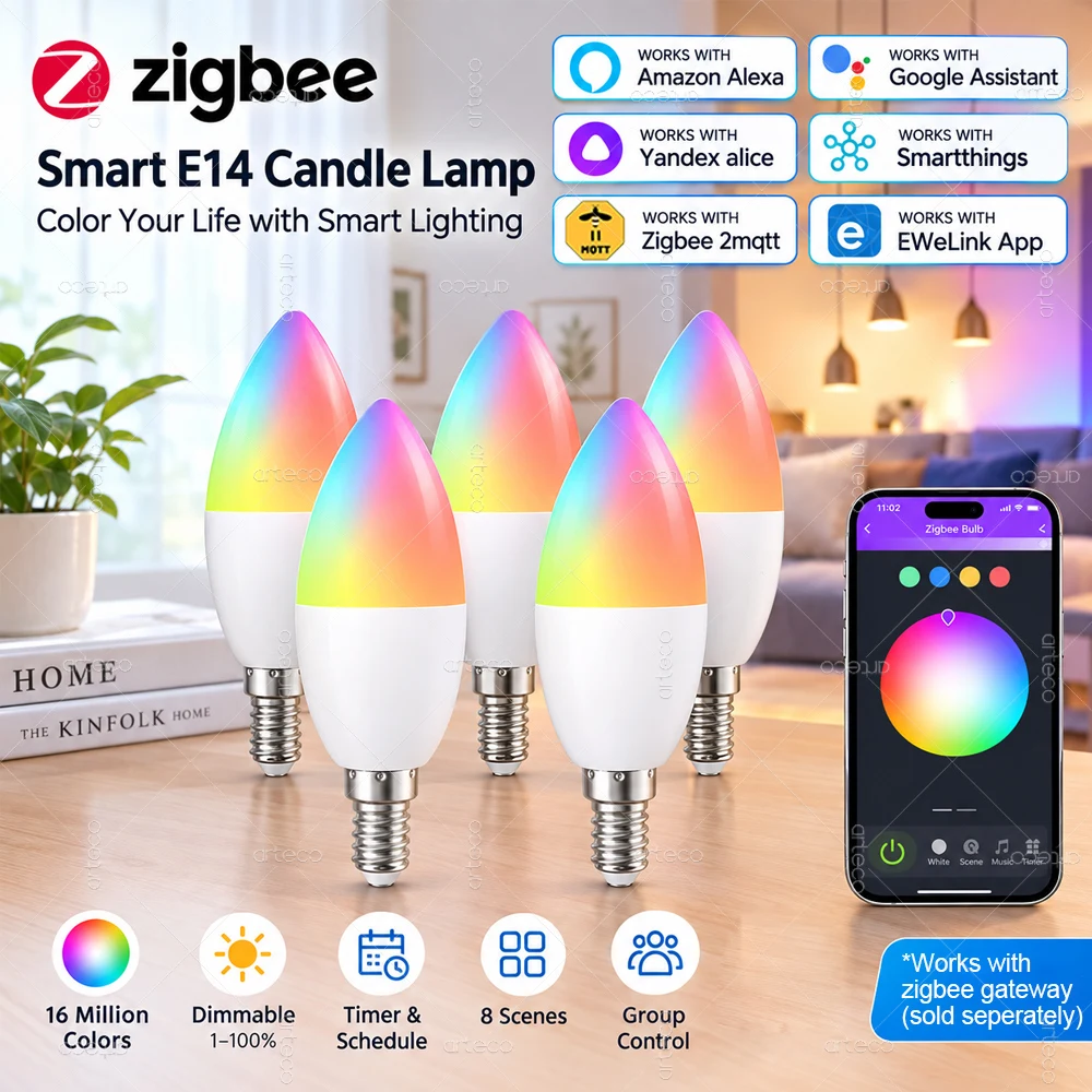 Zigbee E14 Smart LED-Glühbirnen RGBCW Dimmbare LED-Kerzenlampe Ewelink App Kompatibel mit Alexa Google Home Yandex Alice Smartthings