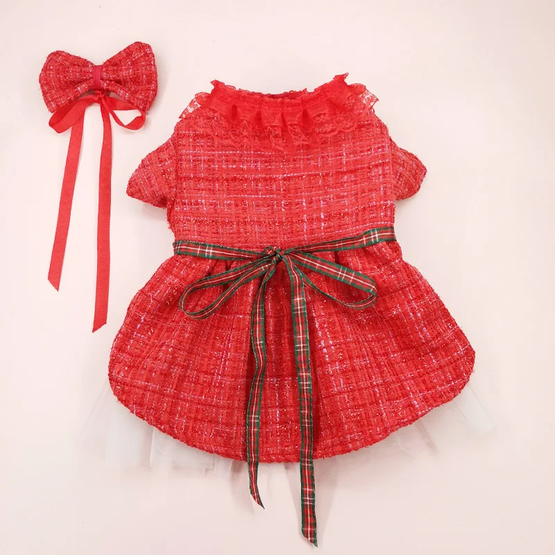 Pet New Year Christmas Dress Autumn/Winter Woolen Dress Dress Red Christmas Dress Coat Dress Double Layer Yarn Skirt Cat Dress