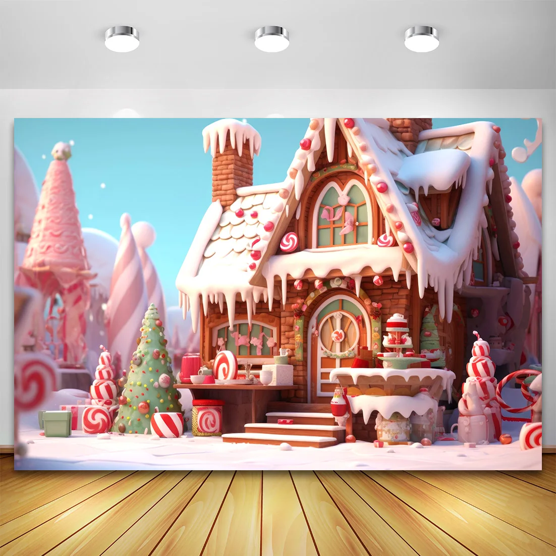 Winter Wunderland Schnee Weihnachten Hintergrund süße Süßigkeiten Haus Cartoon Fotografie Hintergrund für Kind Baby Fotostudio Fotophon