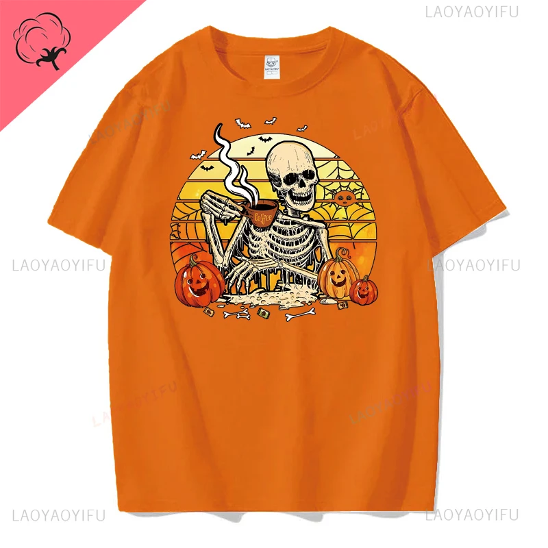 Funny Skull Pumpkin Lamp Graphics Hallowmas Cotton T Shirt Casual Streetwear Short Sleeve Tshirt Hipster Breathe Women Tees