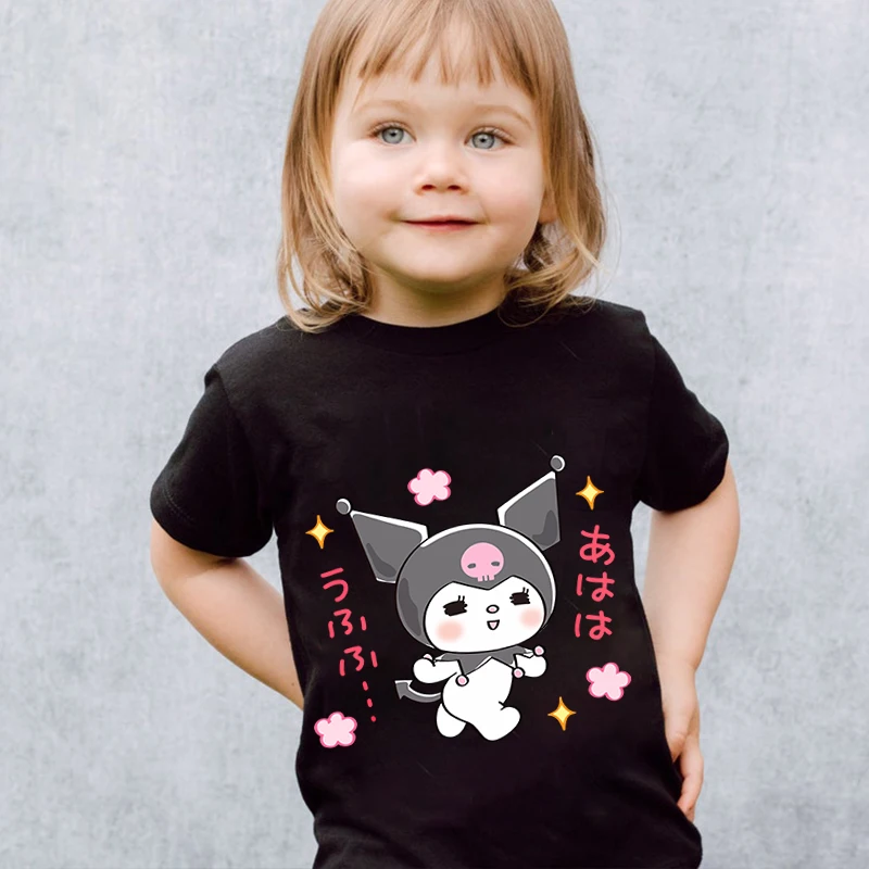 Sanrio Kuromi kids t-shirt puro cotone a maniche corte nero top cartoon abbigliamento per bambini per ragazze