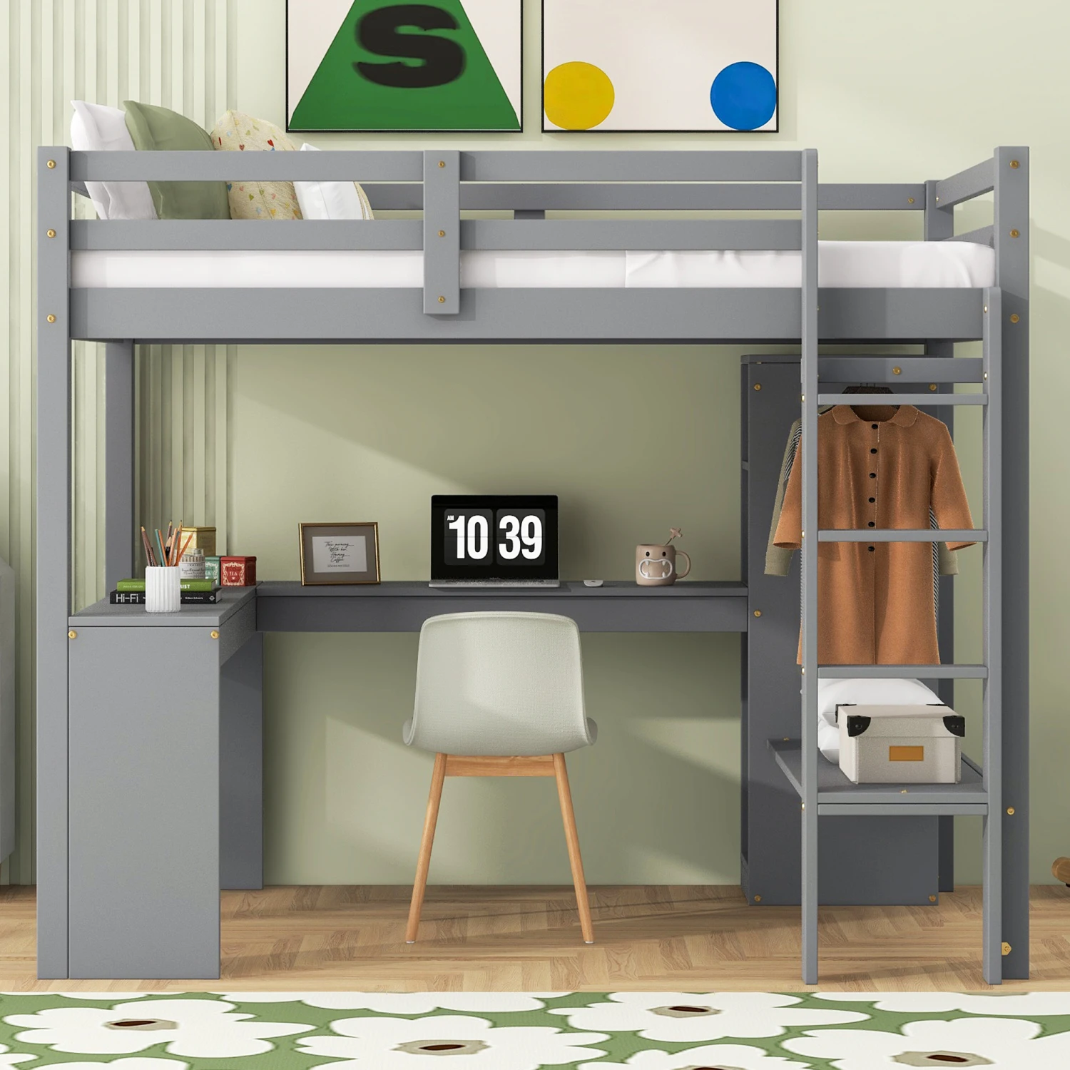 Grey Twin Size Loft Bed with L-shaped Desk, Wardrobe, Storage Shelves