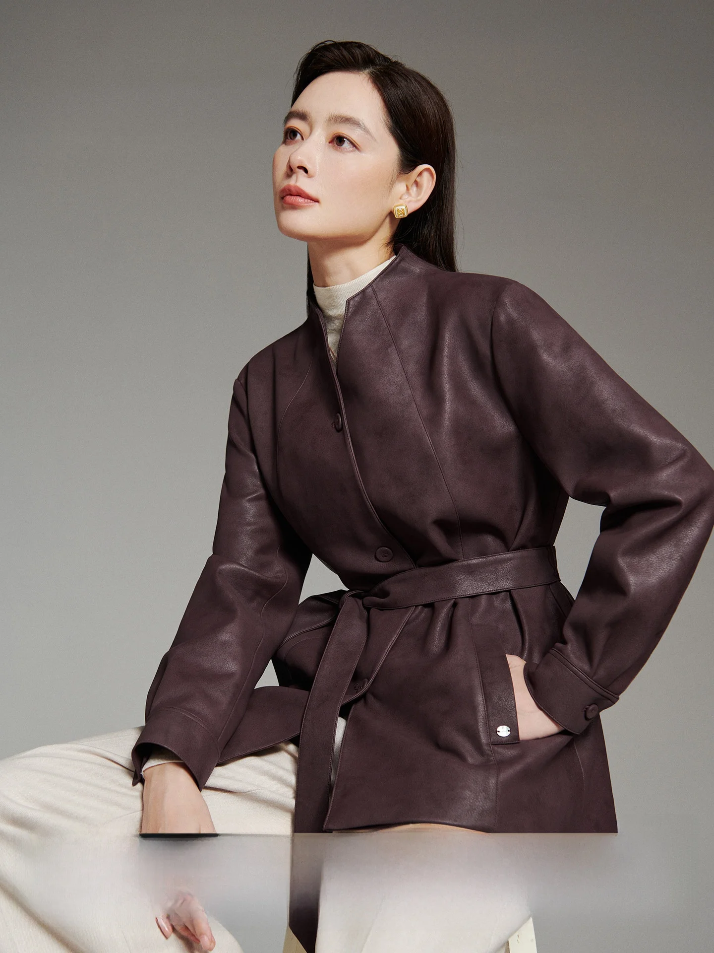 

CVANEA High-End Soft PU Leather Jacket Women's Autumn Winter Warm Straight Cut Slimming Outerwear Commute Style Button Closure