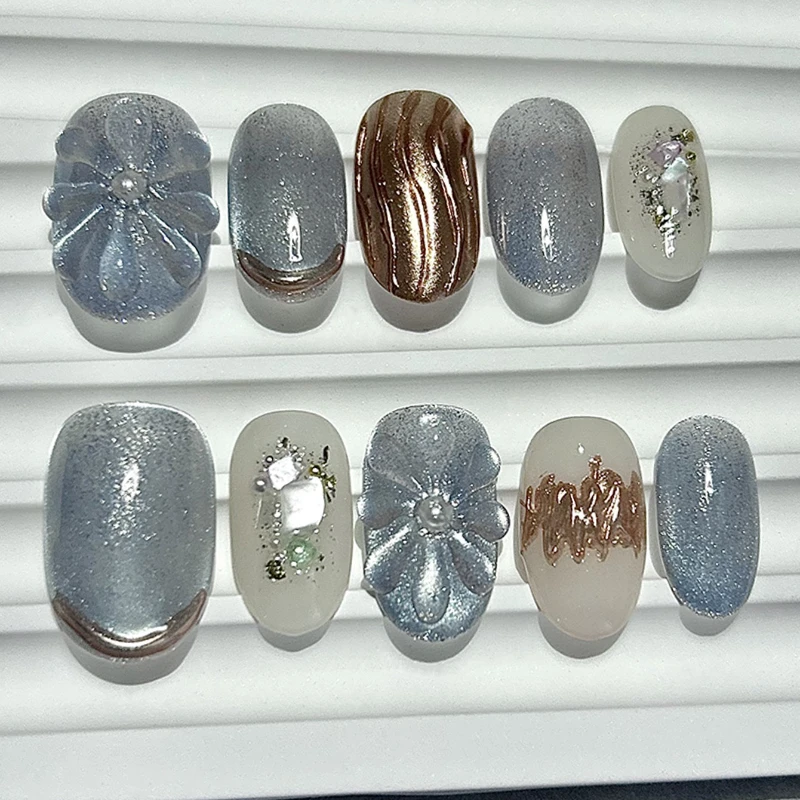 10 قطع أنيقة ورومانسية مصنوعة يدويًا اضغط على الأظافر عين القط بريق ناعم زهور ثلاثية الأبعاد أظافر وهمية قابلة للإزالة وقابلة لإعادة الاستخدام