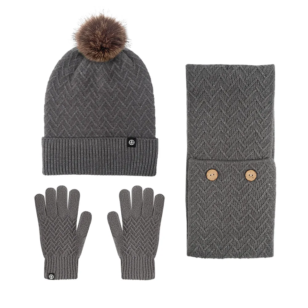Europeo y americano invierno viajes al aire libre cálido y resistente al frío bola de lana sombrero tejido bufanda guantes conjunto de tres piezas bufandas