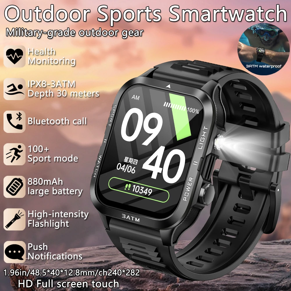 

Новинка 2025 года, мужские военные умные часы на открытом воздухе, фонарик, 880 мАч, большая батарея, IPX8-3ATM, Bluetooth-смарт-часы с вызовом для Android и IOS