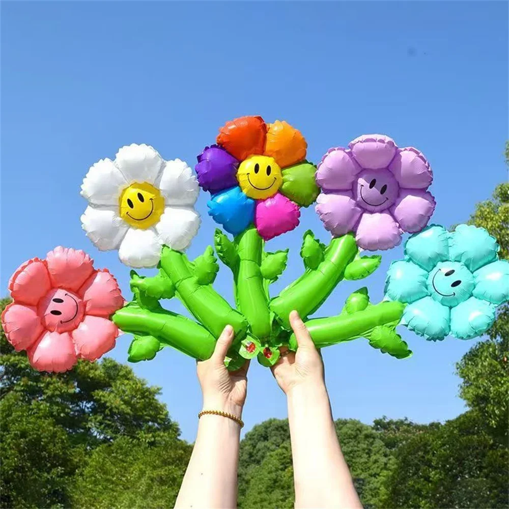 10Pcs Macaron Green Leaf Daisy Flower Foil Handheld Balloons Sunflower Ballon Children Toy Wedding Birthday Party Decorations