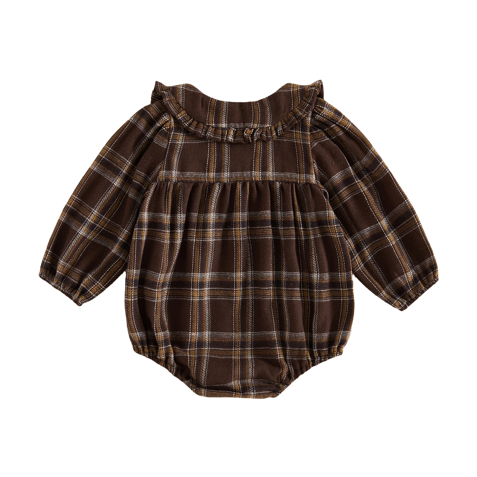 Baby Girl Autumn Plaid Romper Long Sleeve Button Front Doll Collar Sweet Jumpsuit