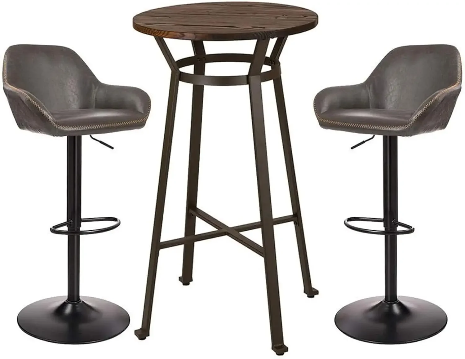 3 Piece Pub Table and Chairs Set, Round Rustic Bar Height Top Table & Adjustable Swive Grey Bar Stools