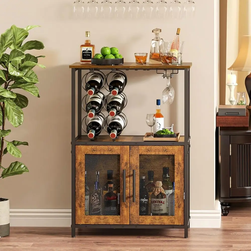 

Bar Cabinet With Detachable Wine Rack, Liquor Stand For Home Bar, Mini Table With Glass Holder, Small Sideboard With Mesh Door,