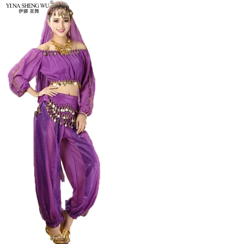 Bollywood Indian Belly Dance Costumes Set Top Pants One Size Dance Costume Bollywood Oriental Belly Dance Clothes 2/4pcs Set New
