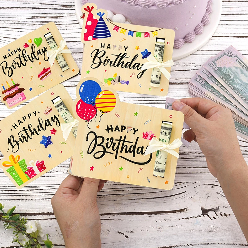 

2pcs Birthday Money Holder for Cash Gift Ideas - Fun Money Gift Cash Holder Wooden Money Birthday Card Holder