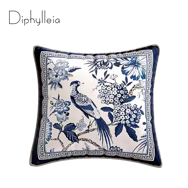 

Diphylleia Oriental Art Cushion Cover Flowers And Birds Porcelain Print Velvet Luxury Pillow Case For Home Patio Garden Balcony
