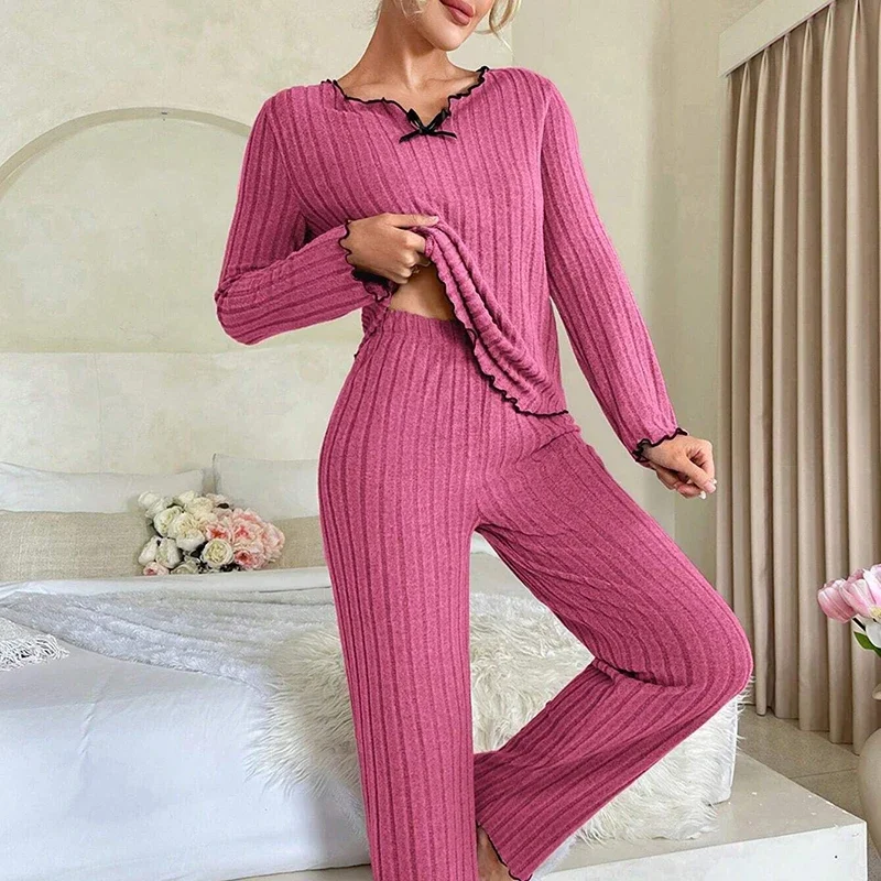 Women\'s Ribbed Pajamas Set Autumn Long Sleeve Top And Long Pants Sleepwear 2 Piece Set For Women Casual Home Elastic Pajamas