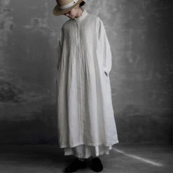 Johnature Cotton Linen Women Dresses 2024 Spring New Ruffles Collar Pleated Loose Solid Color Vintage Simple Female Dresses