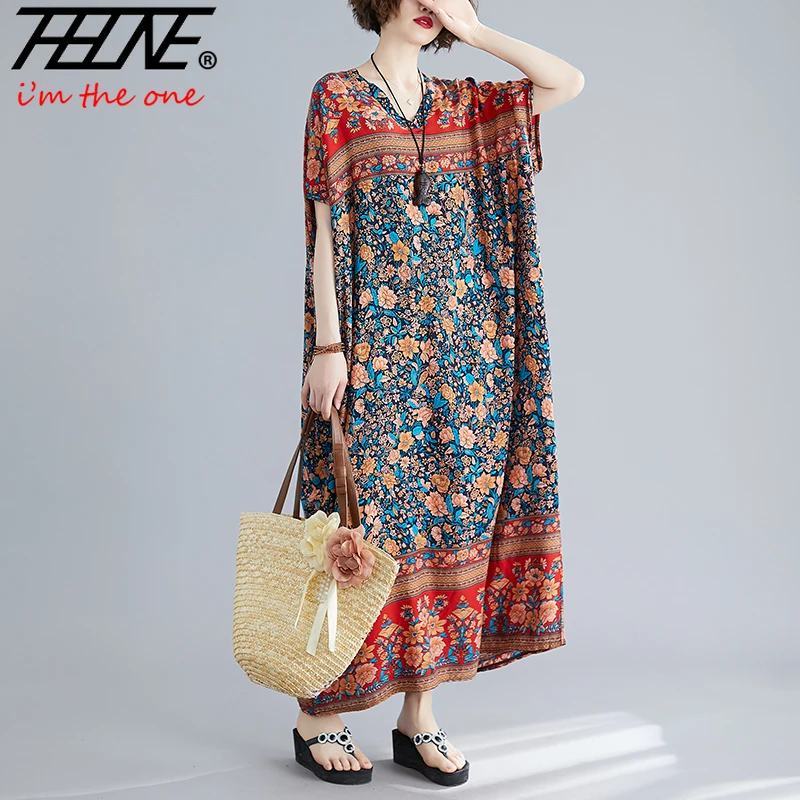 

Summer Women Dress Vestidos De Mujer Loose Korean Style Beach Holiday Bohemian Print Ropa Robe Casual Plus Size Long Dresses