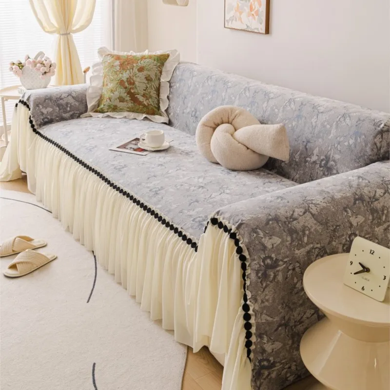 

Осенний универсальный чехол для дивана из синели, кремовые коврики с французскими рюшами и эстетическим цветочным принтом, противоскользящая лоскутная подушка для дивана