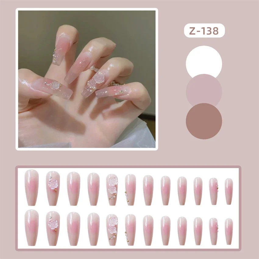 24Pcs/Set Ice Pink Rose Fake Nails Art Long T-Shape Adhesive Acrylic Press on Nails Handmade Removable Wearing False Nails Tips