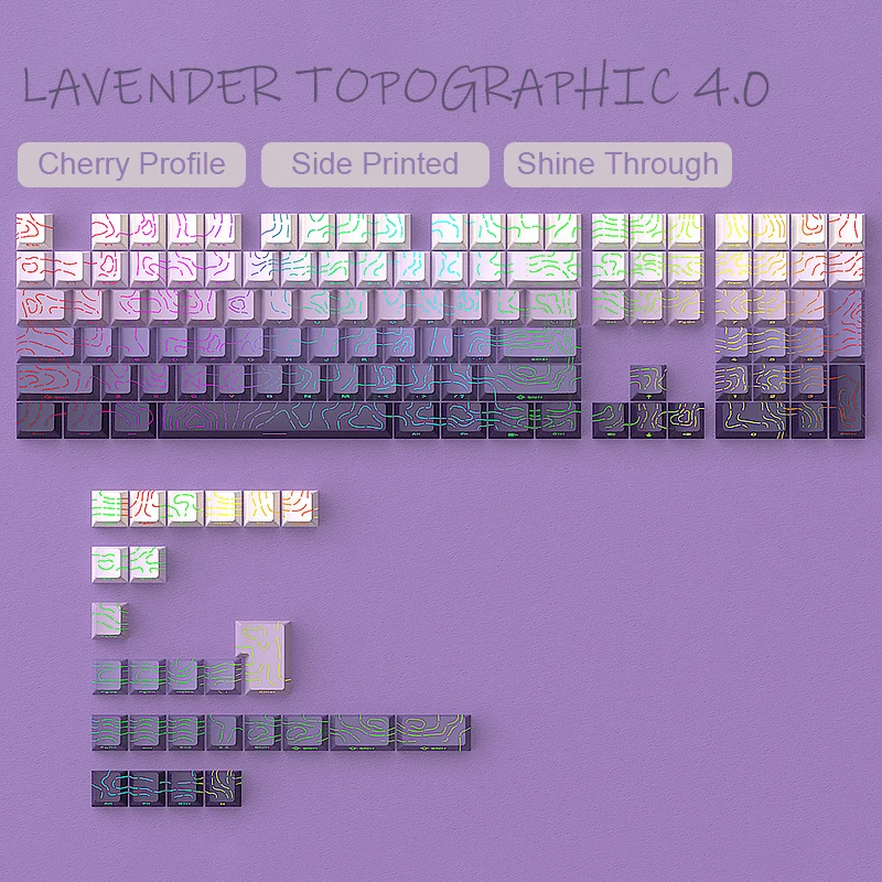Side Print RGB Backlit Keycaps Lavender Topographic 4.0 Cherry Profile PBT Double Shot Keycaps 134 Keys for MX Switch Keyboard