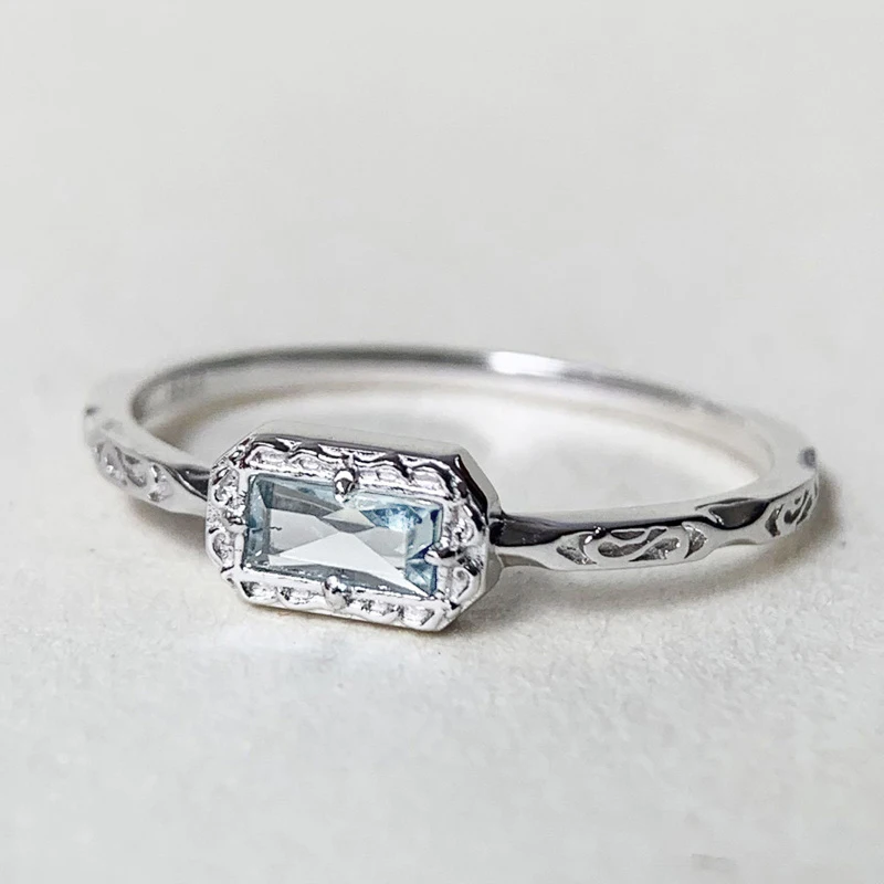 Huitan Women Minialist Thin Band Textured Silver Color Ring with Blue Cubic Zirconia Simple Daily Party Stackable Accessories