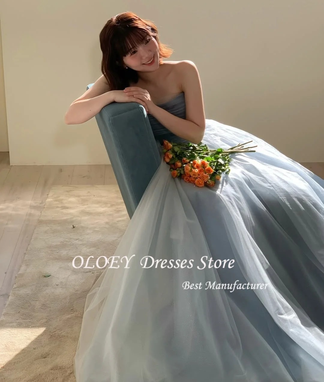 OLOEY Simple Dusty Blue Soft Tulle Korea Prom Dresses Customised Strapless Lace Up Evening Gowns Wedding Photo shoot