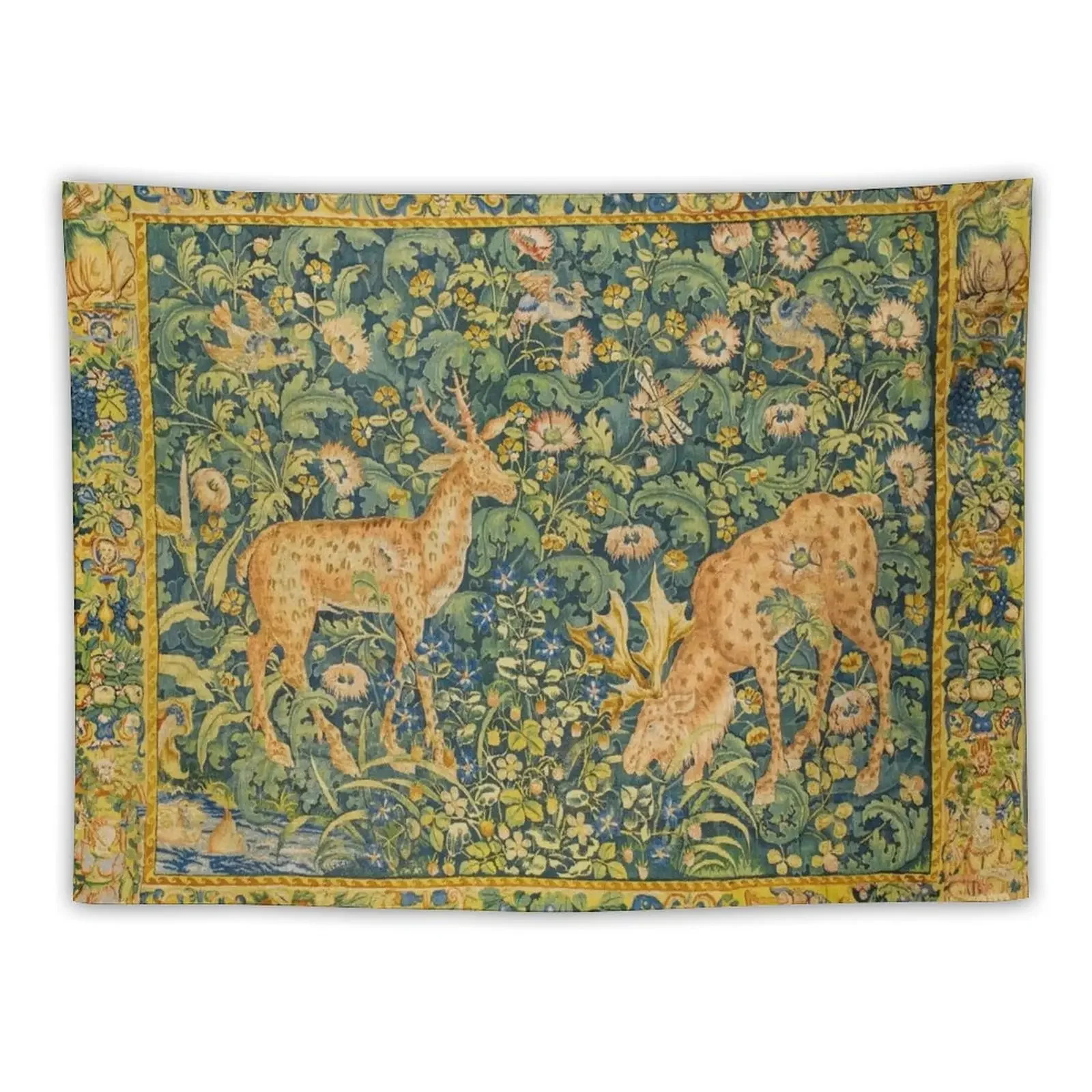 FALLOW DEER PAIR,GOTHIC FANTASY FLOWERS,Green Yellow Floral Tapestry Decorations For Your Bedroom Decoration Room Tapestry