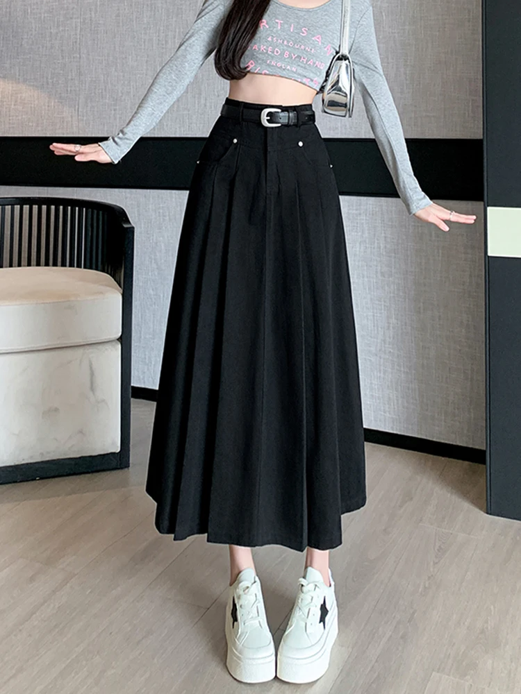 Faionable High Waist A-Line Midi Skirt Women's Spring 2026 Casual Sle Leather Fabric Gored Skirt Ele Slimming Design