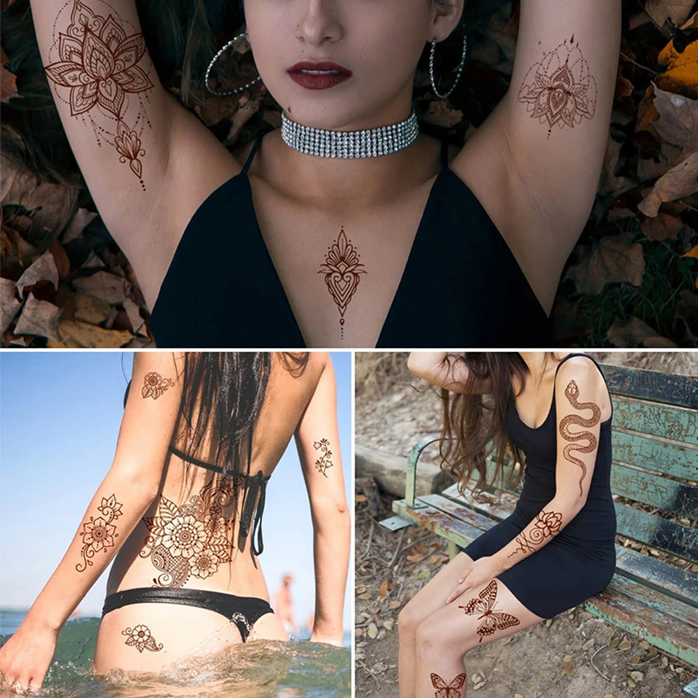 12 Sheets/Lot Waterproof Henna Tattoo Brown Henna Stickers for Hand Fake Tattoo Women Body Art Temporary Design Mehndi Stickers