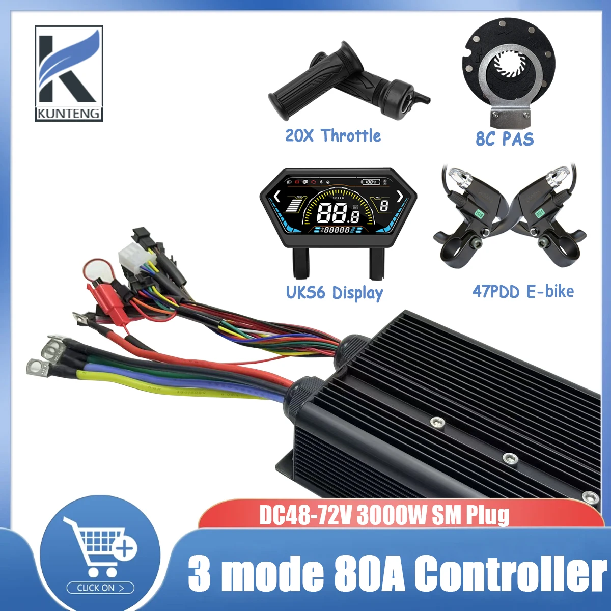 Electric Bicycle Controller 3000W/5000W 48V-72V 80A 18 Tube 3 MODE with Bull Nose Battery Connector Or XT90 SM Plug for E-Bike