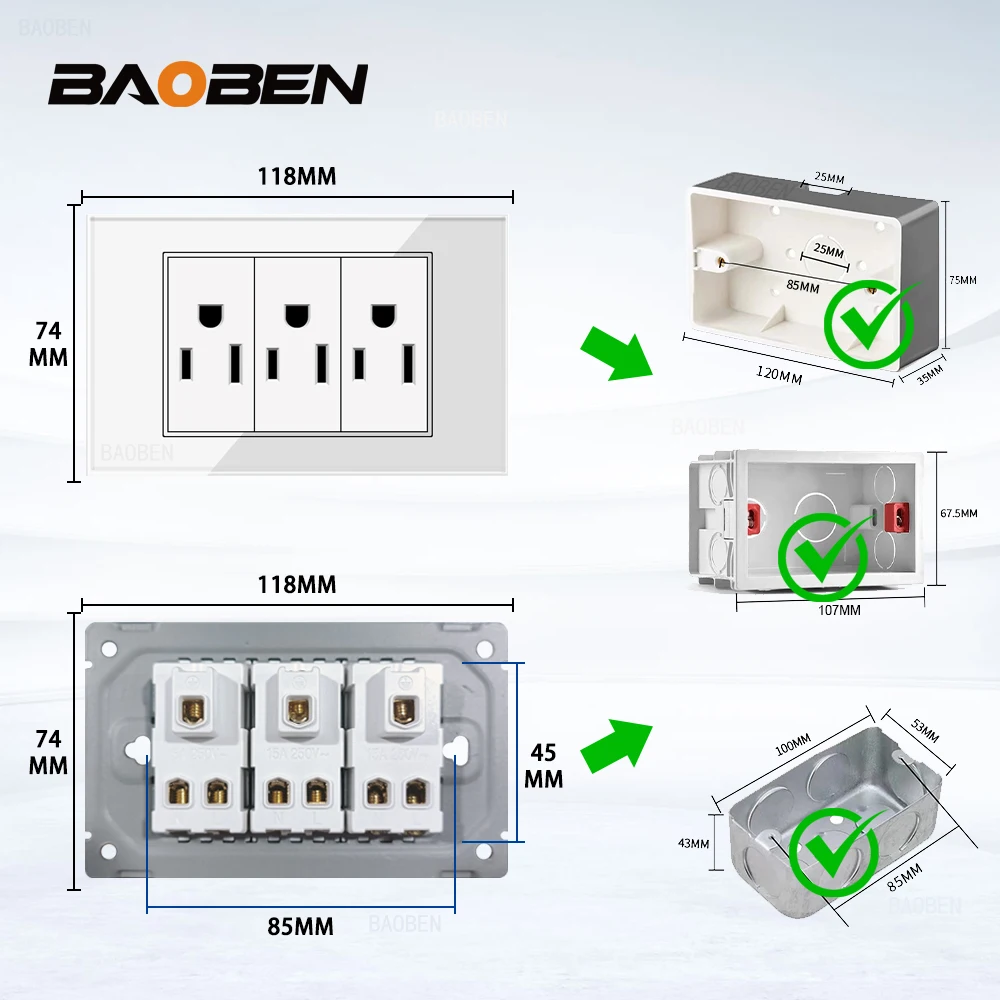 BAOBEN Pannello in vetro bianco Messico Standard Type-C Presa USA 118 * 72mm Presa a muro Interruttore della luce Ricarica rapida