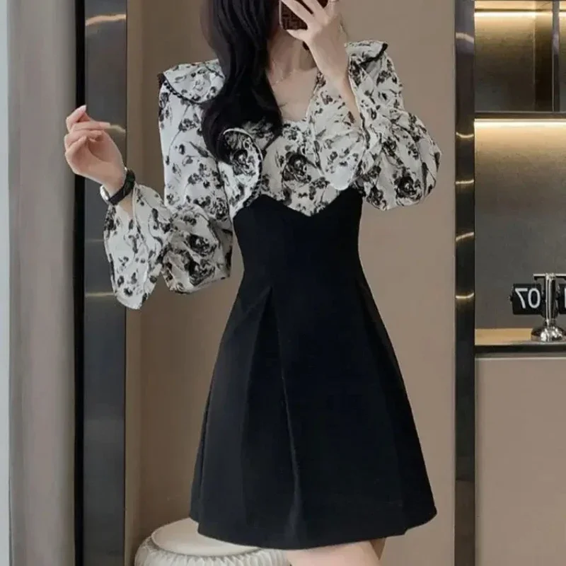 Female Dress Short Mini Women\'s Long Sleeve Dresses A Line Splicing Outfits New Features of Hot Clothes Elegant Chic Luxury Full