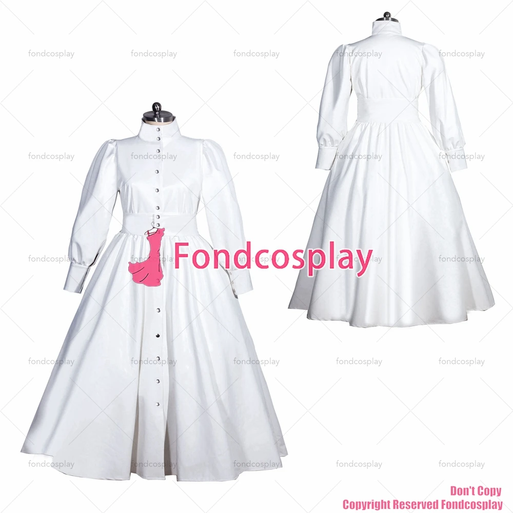 fondcosplay adult sexy cross dressing sissy maid long French white thin Pvc Dress belt Cosplay Costume CD/TV[G3966]