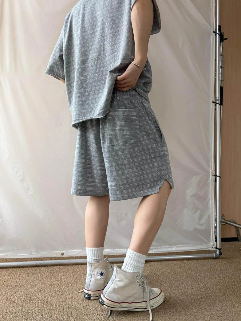 Men's Light Grey Striped 2 Piece Set Summer Casual Loose Fit Tee and Shorts Suit Matching Outfits Advanced Sense Loungewear view 4