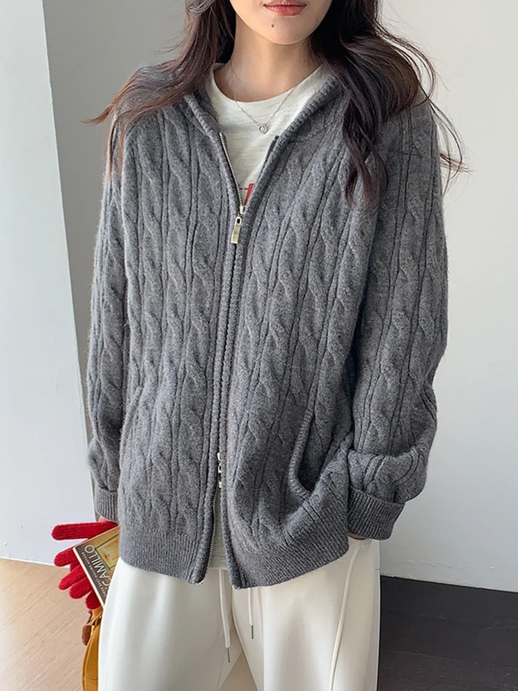 ヴィンテージカジュアルフード付きニットカーディガンセーター女性ルーズストリートウェア怠惰な風ジャケット長袖ダブルジッパーレトロトップス新