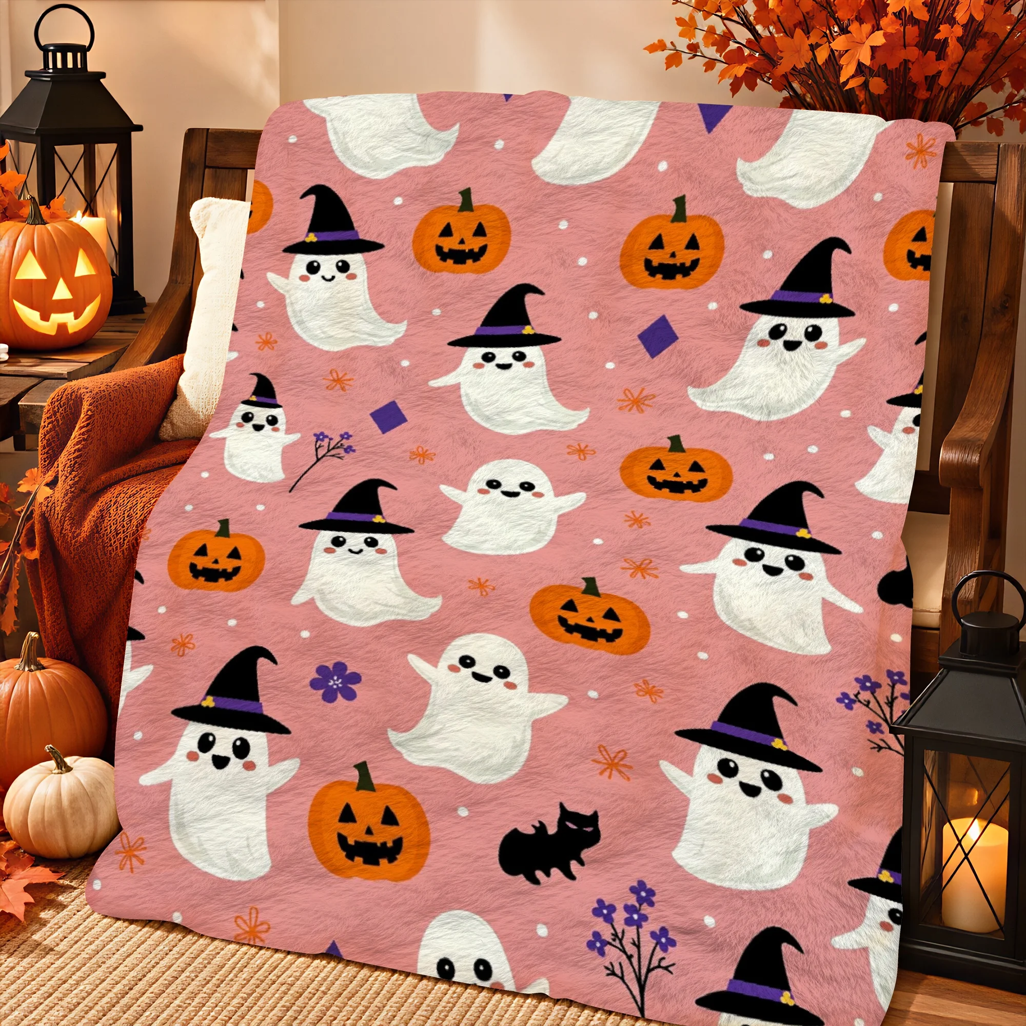 1pc 2D Printed Cute White Ghosts Witch Hats Orange Pumpkins Pink Background Halloween Throw Blanket Warm Soft Comfortable for So