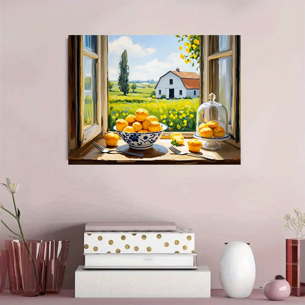 1PC-Unframed Canvas poster wall decoration  Farmhouse Window View With Yellow Flowers And Cupcakes On Windowsill