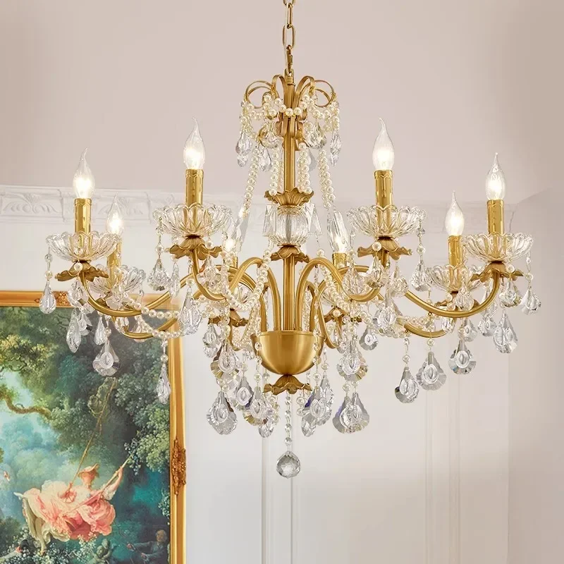 American Retro Gold Luxurious Brass Crystal Chandelier Villa Living Dining Bedroom Room Candle Lights Lustre Decor Pendant Lamps