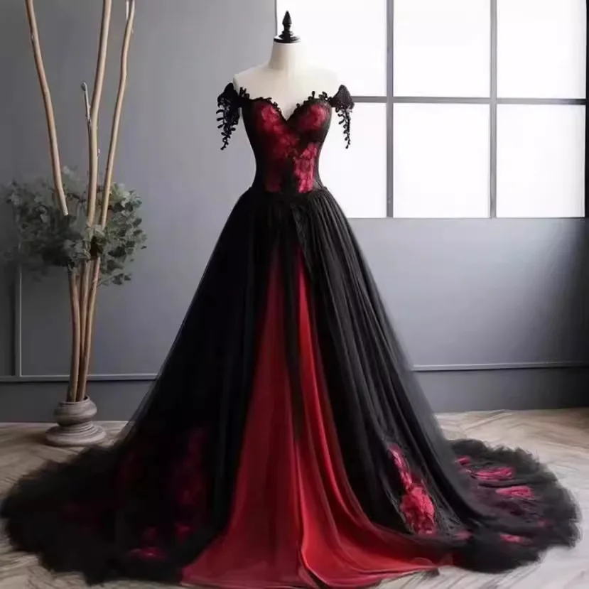 Dark Red And Black Victoria Wedding Dresses Off The Shoulder A-Line Gothic Lace Appliques Tulle Vestidos Bridal Wedding Gowns