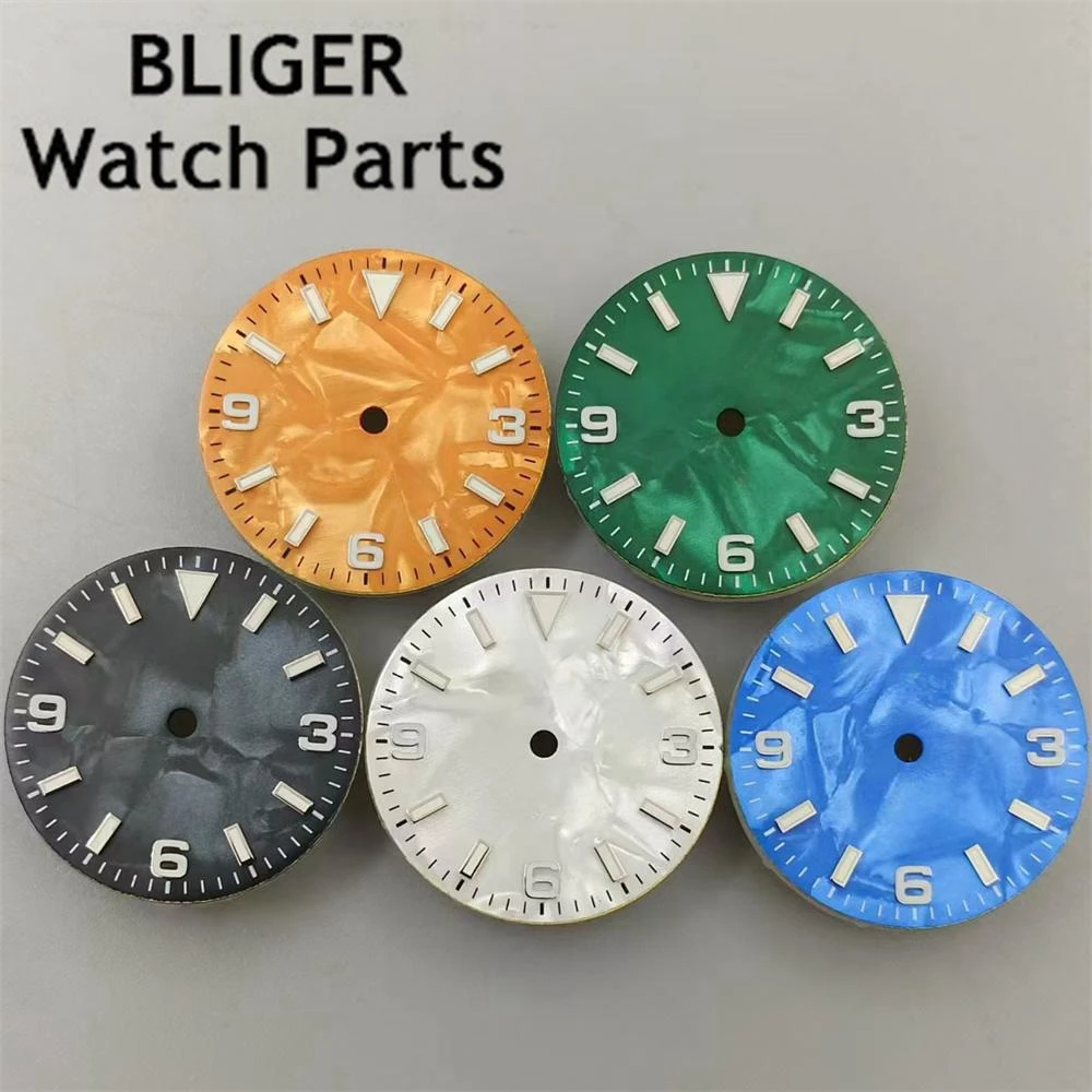 BLIGER 29mm Watch Dial Pearl Dial With Hands Set Green Luminous Fit NH35 NH36 ETA2824 2836 Miyota8215 Mingzhu DG PT5000 Movement