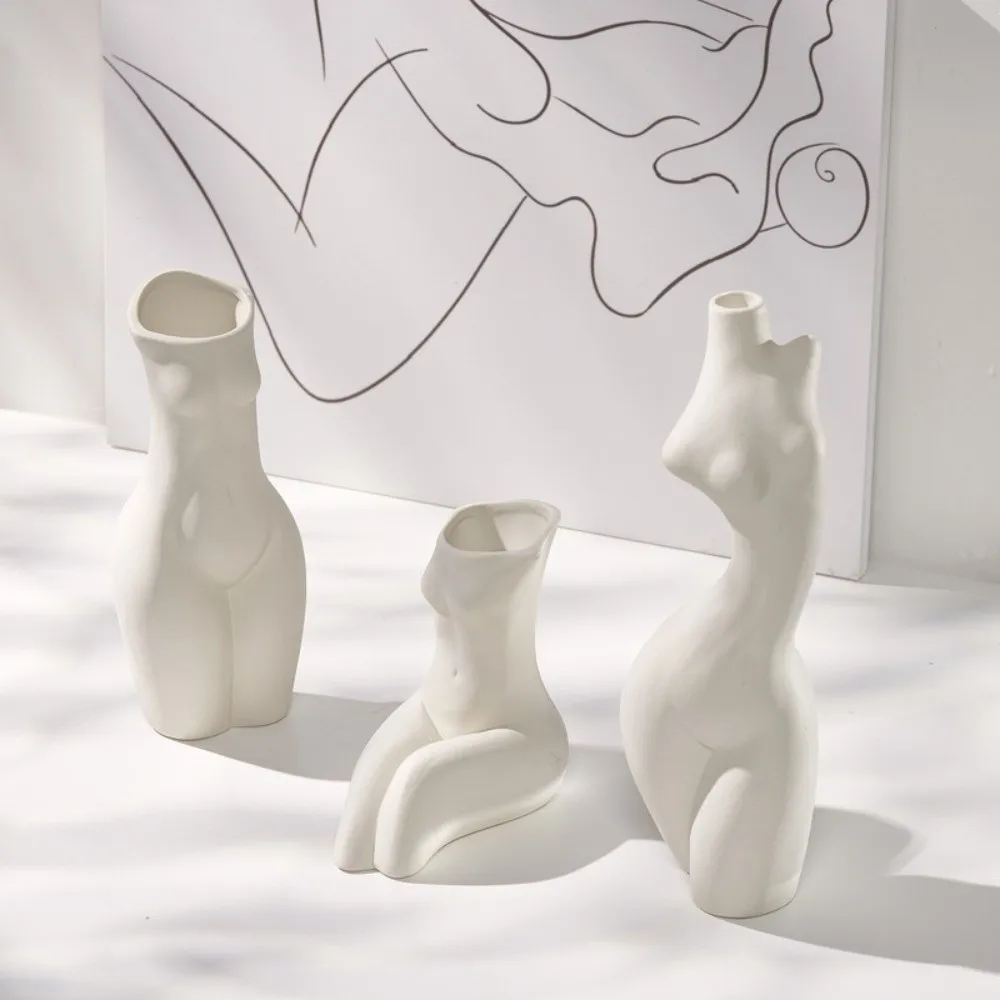 Ceramic Human Body Vase Frosted Texture Geometry Shaped Sculpture Vase Handmade Flower Arrangement Bust Figure Vase